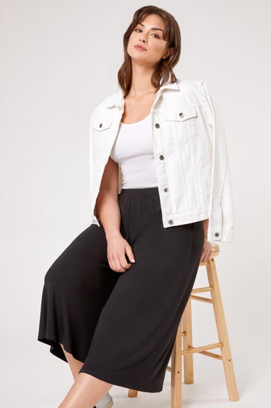 Roman Black Curve Plain Elastic Waist Culotte Trousers