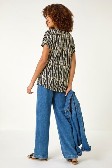 Roman Cream Abstract Print Front Pleat Stretch Top