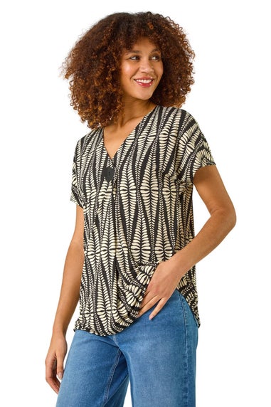Roman Cream Abstract Print Front Pleat Stretch Top