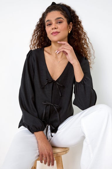 Roman Black Tie Front Woven Top
