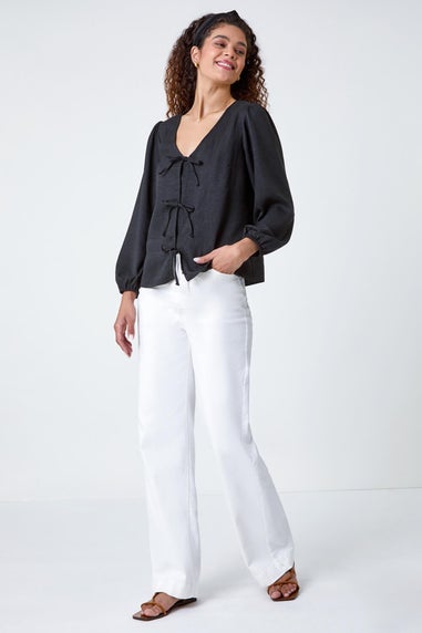 Roman Black Tie Front Woven Top