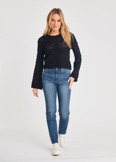 French Connection Black Crew Neck Long Sleeve Crochet Bobble Knit Jumper