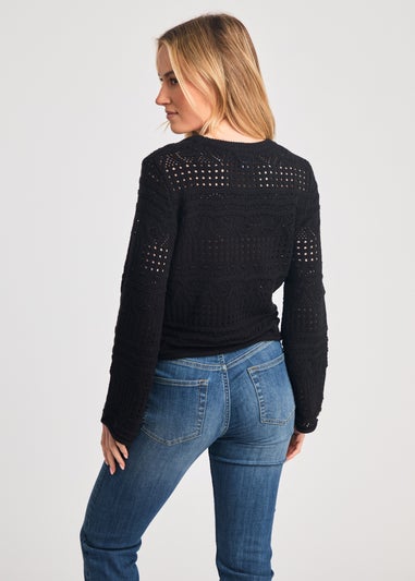 French Connection Black Crew Neck Long Sleeve Crochet Bobble Knit Jumper