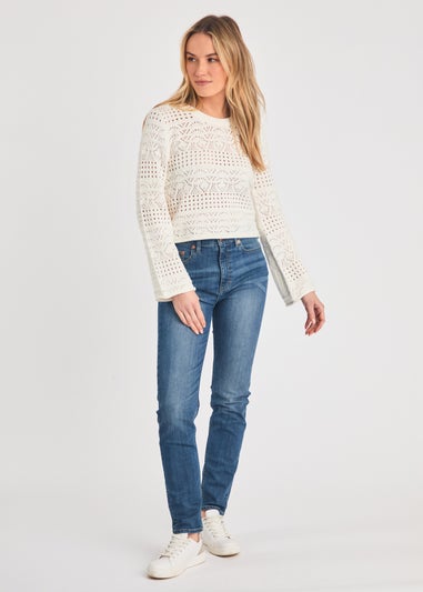 French Connection White Crew Neck Long Sleeve Crochet Bobble Knit Jumper