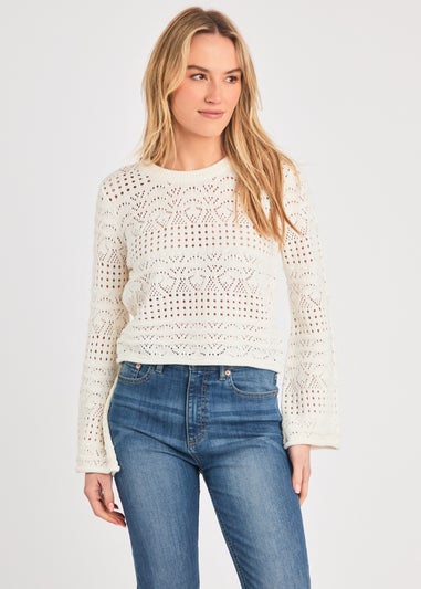 French Connection White Crew Neck Long Sleeve Crochet Bobble Knit Jumper