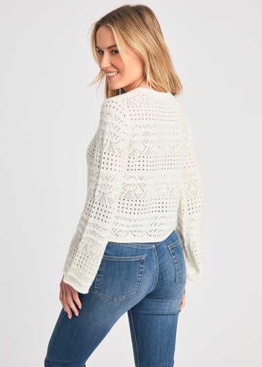 French Connection White Crew Neck Long Sleeve Crochet Bobble Knit Jumper