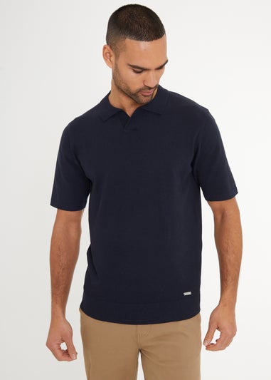 Threadbare Navy Trophy Neck Short Sleeve Knitted Polo