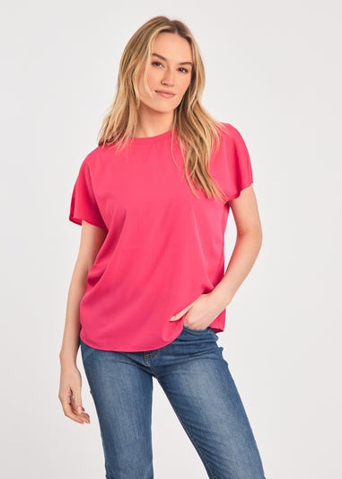 French Connection Raspberry Crew Neck Short Sleeve Crepe Top