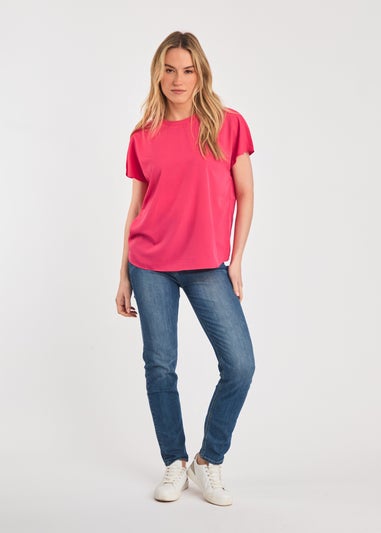 French Connection Raspberry Crew Neck Short Sleeve Crepe Top