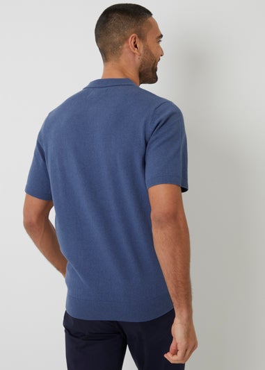 Threadbare Blue Textured Front Quarter Zip Knitted Polo