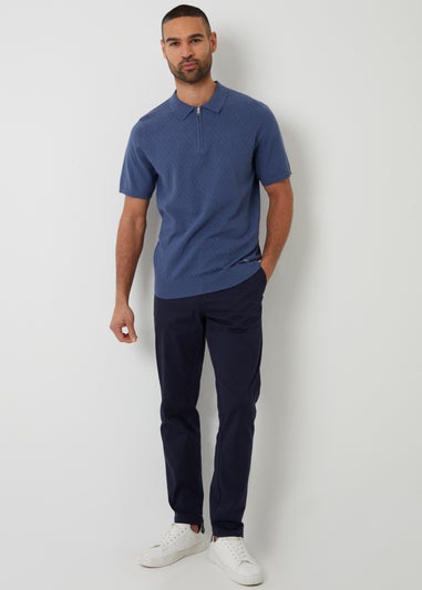 Threadbare Blue Textured Front Quarter Zip Knitted Polo