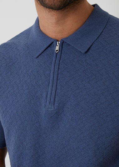 Threadbare Blue Textured Front Quarter Zip Knitted Polo