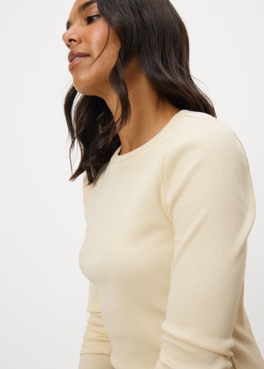 Cream Fitted Ribbed Long Sleeve Top