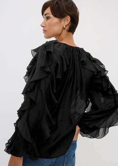 Black Frill V Neck Blouse