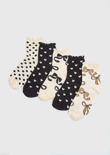 5 Pack Girls Black Mono Bow Heart Socks (Younger 6-Older 6.5)