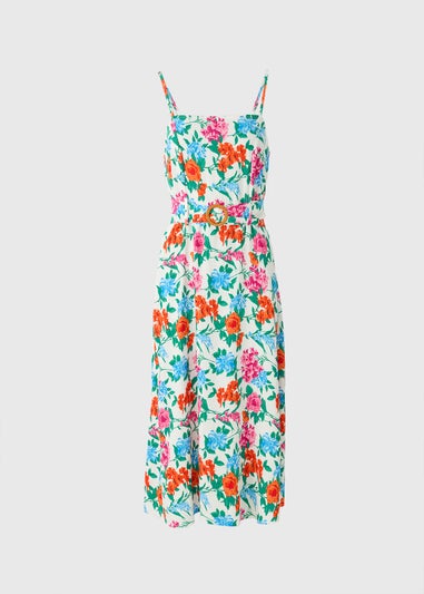 Cream Floral Buckle Belted Midi Dress