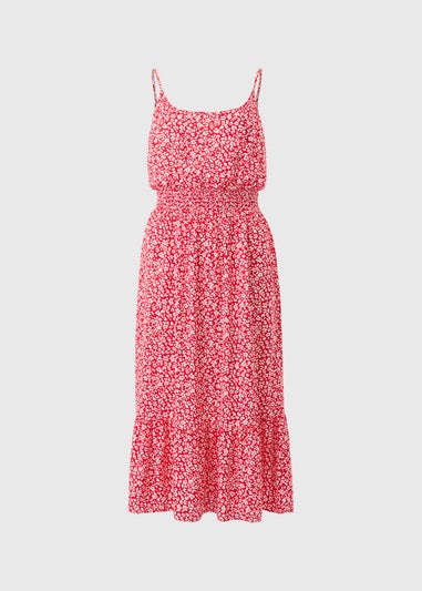 Red Floral Shirred Strapy Dress