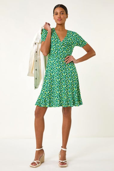 Roman Green Ditsy Floral Wrap Frill Stretch Dress