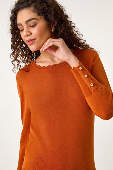 Roman Orange Scallop Neck Button Knit Jumper