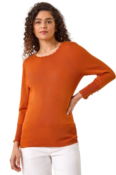 Roman Orange Scallop Neck Button Knit Jumper