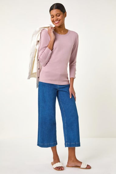 Roman Pink Diamante Button Scallop Edge Jumper