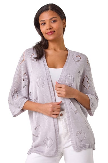 Roman Silver Pointelle Heart Knit Cardigan
