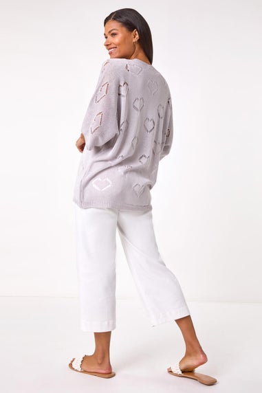 Roman Silver Pointelle Heart Knit Cardigan