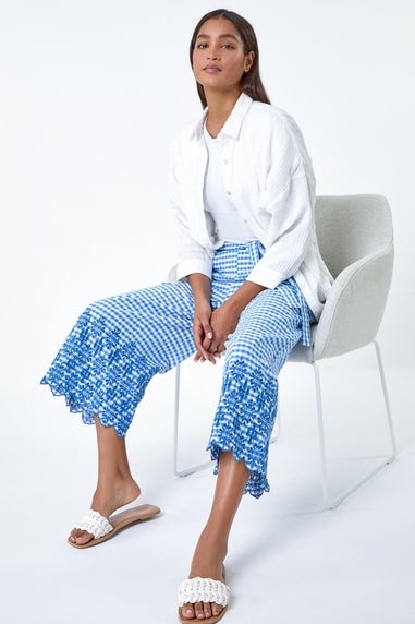 Roman Blue Gingham Cotton Broderie Cropped Trousers