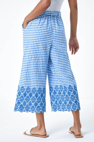 Roman Blue Gingham Cotton Broderie Cropped Trousers