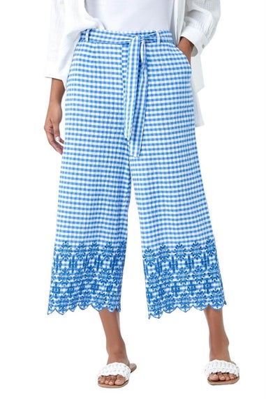 Roman Blue Gingham Cotton Broderie Cropped Trousers