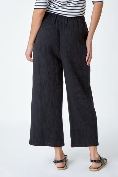 Roman Black Textured Cotton Elastic Waist Culotte Trousers