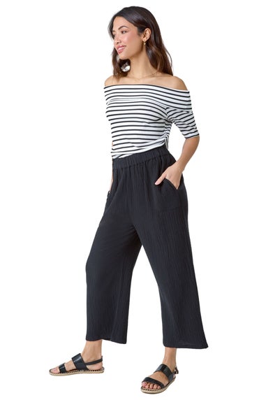 Roman Black Textured Cotton Elastic Waist Culotte Trousers