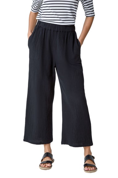 Roman Black Textured Cotton Elastic Waist Culotte Trousers