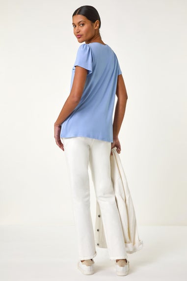 Roman Light Blue Daisy Trim Stretch Top