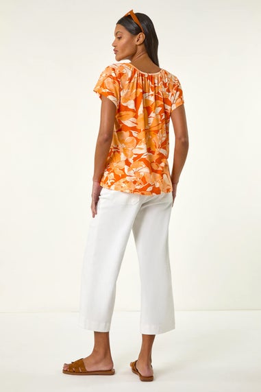 Roman Orange Abstract Leaf Print Stretch Top