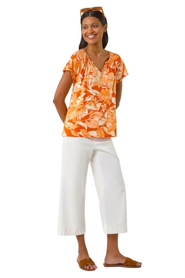 Roman Orange Abstract Leaf Print Stretch Top
