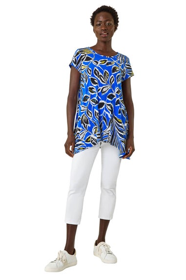 Roman Ink Blue Textured Leaf Print Stretch Tunic Top