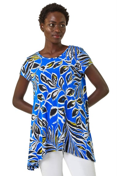 Roman Ink Blue Textured Leaf Print Stretch Tunic Top
