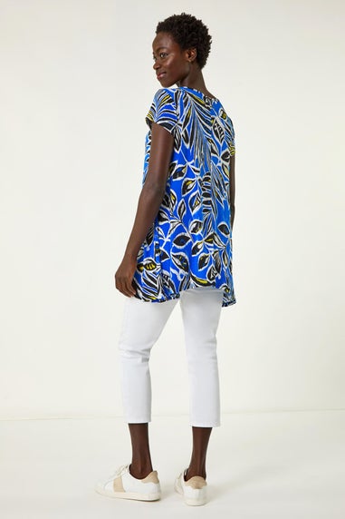 Roman Ink Blue Textured Leaf Print Stretch Tunic Top