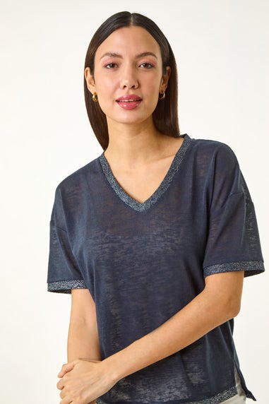 Roman Navy Metallic Trim V-Neck T-Shirt
