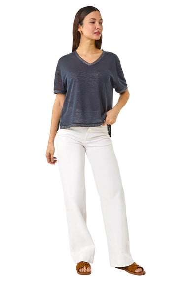 Roman Navy Metallic Trim V-Neck T-Shirt