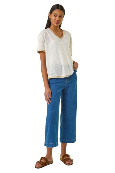 Roman Cream Metallic Trim V-Neck T-Shirt
