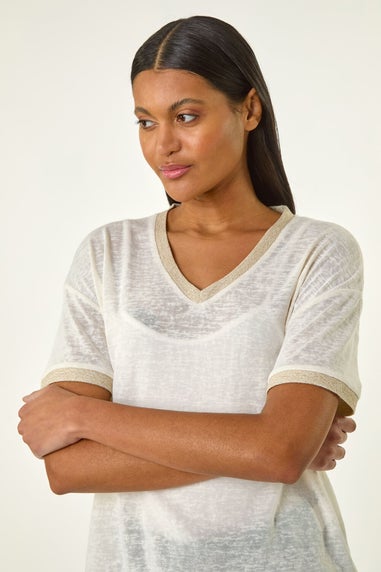 Roman Cream Metallic Trim V-Neck T-Shirt