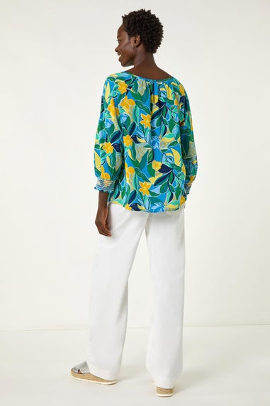 Roman Blue Leaf Print 3/4 Sleeve Top