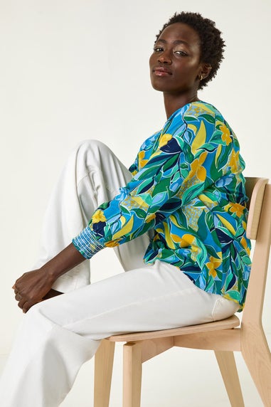Roman Blue Leaf Print 3/4 Sleeve Top