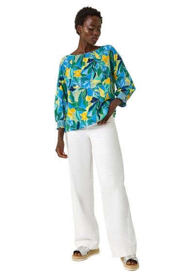 Roman Blue Leaf Print 3/4 Sleeve Top