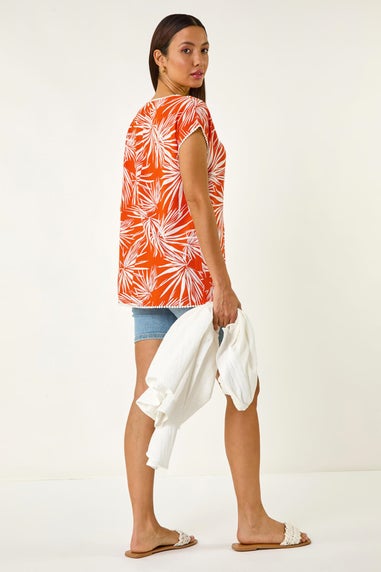 Roman Orange Leaf Print Bobble Trim Top