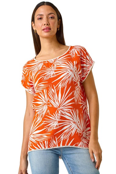 Roman Orange Leaf Print Bobble Trim Top