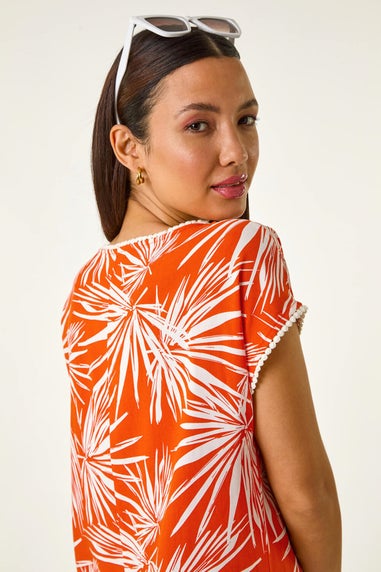 Roman Orange Leaf Print Bobble Trim Top