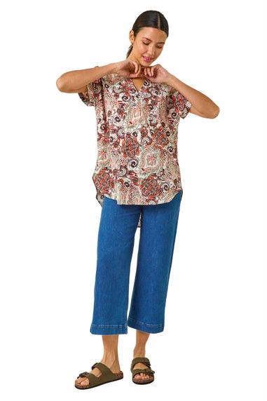 Roman Orange Paisley Print V-Neck Top